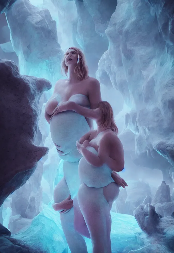 Image similar to epic leader pregnant woman talking to all her tribe with fluorescence bodies, proud people looking at the pregnant woman, ice cave, facinating, fantasy digital art, octane render, beautiful composition, trending on artstation, coherent, masterpiece, photorealistic