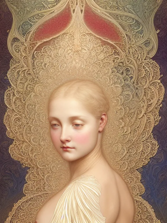 Prompt: Gustave dore and Mucha beautiful maiden ivory mask intricate ornate wings fractal-lace iridescent gemstone wearing ivory rococo dress, ivory gold, iridescent highlights, full view, soft lighting, vivid, Hyperdetailed, 4k hd matte painting by Artgerm, Kelly McKernan, Marc Simonetti, Klimt, Moebius, James Jean, 8k resolution, enchanting and otherworldly, Artstation, CGsociety, detailed, front view