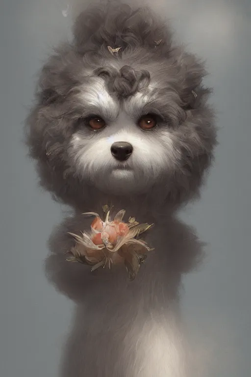 Image similar to cute adorable shih-poo, realistic and ultra intricate detailed soft painting, volumetric lighting, mist, Artstation, Tom Bagshaw Yasushi Nirasawa Moebius artstyle, unreal render, depth of field