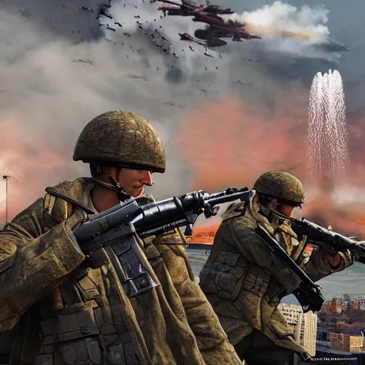 Image similar to The war between the Soviet Union and America, the action takes place in New York, far away against the background of the Statue of Liberty, a lot of soldiers and military equipment, a lot of explosions and tracer bullets, a lot of ruins, a very epic battle, The style of photography of the 80s, very detailed and detailed style