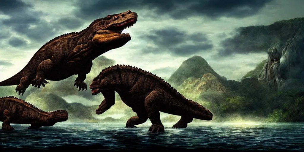 Image similar to amazing prehistoric landscape photo of tyrannosaurus and komodo fighting beside the lake, beautiful dramatic lighting