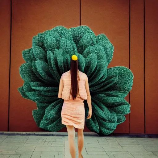 Image similar to giant flower head, woman walking, surreal photography, cinematic, symmetry, flat space, fanciful, bright, detailed, wes anderson