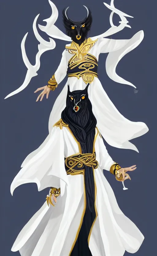 Image similar to raven headed male warlock doing wind magic, white and gold robes, exquisite details, full body character design on a white background, by studio muti