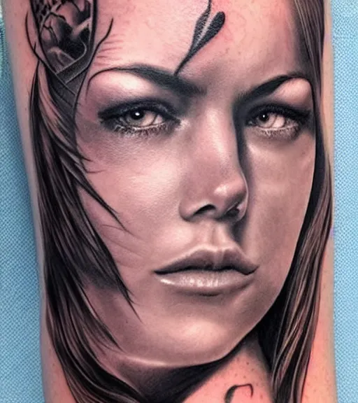 Image similar to tattoo design of a hyper realistic beautiful girl warrior, hyper detailed, in the design of eliot kohek, on white background