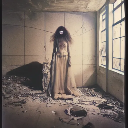 Image similar to 3 5 mm color photography, joel - peter witkin, beksinski, and stephen gammell, video still of abandoned government facility with floating woman with long hair glitch nightmare