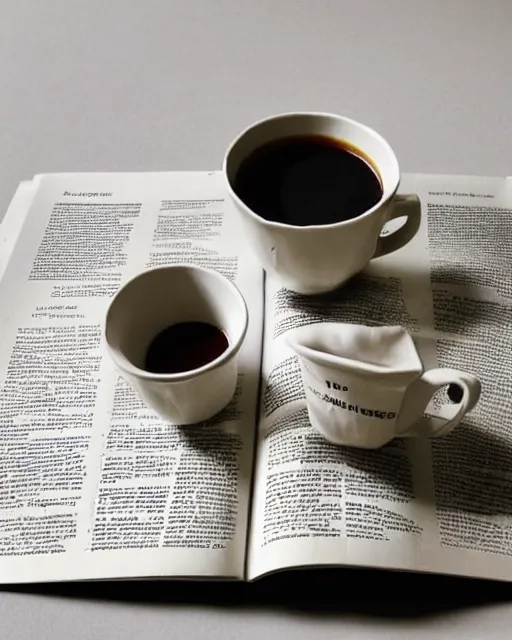 Image similar to 'a full view of a table with a magazine opened to a page with a picture of a coffee cup' clay sculpture, magazine, zoomed out, zoomed out, zoomed out