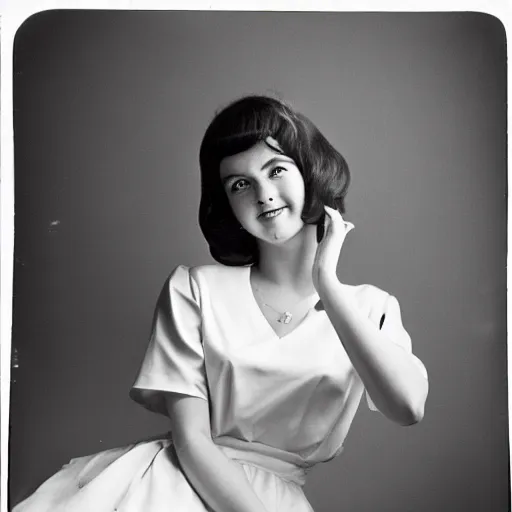 Prompt: a vintage 1 9 6 0 s kodachrome slide of a portrait of a young lady posing in a photographer's studio. she is wearing a white - collared dress in the fashion of the 1 9 6 0 s.