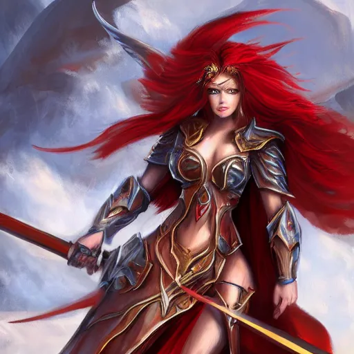 Image similar to fantasy concept art, ( ( winged ) ) ( red hair woman ) ( flaming sword ) ( ( ( plate armor ) ) ) ( ( ( ( devilish smile ) ) ) ), 4 k, painting