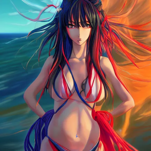 Image similar to anime style, vivid, expressive, full body, 4 k, painting, a cute magical woman with a long wavy black hair at beach, stunning, realistic light and shadow effects, centered, simple background, ikki tousen