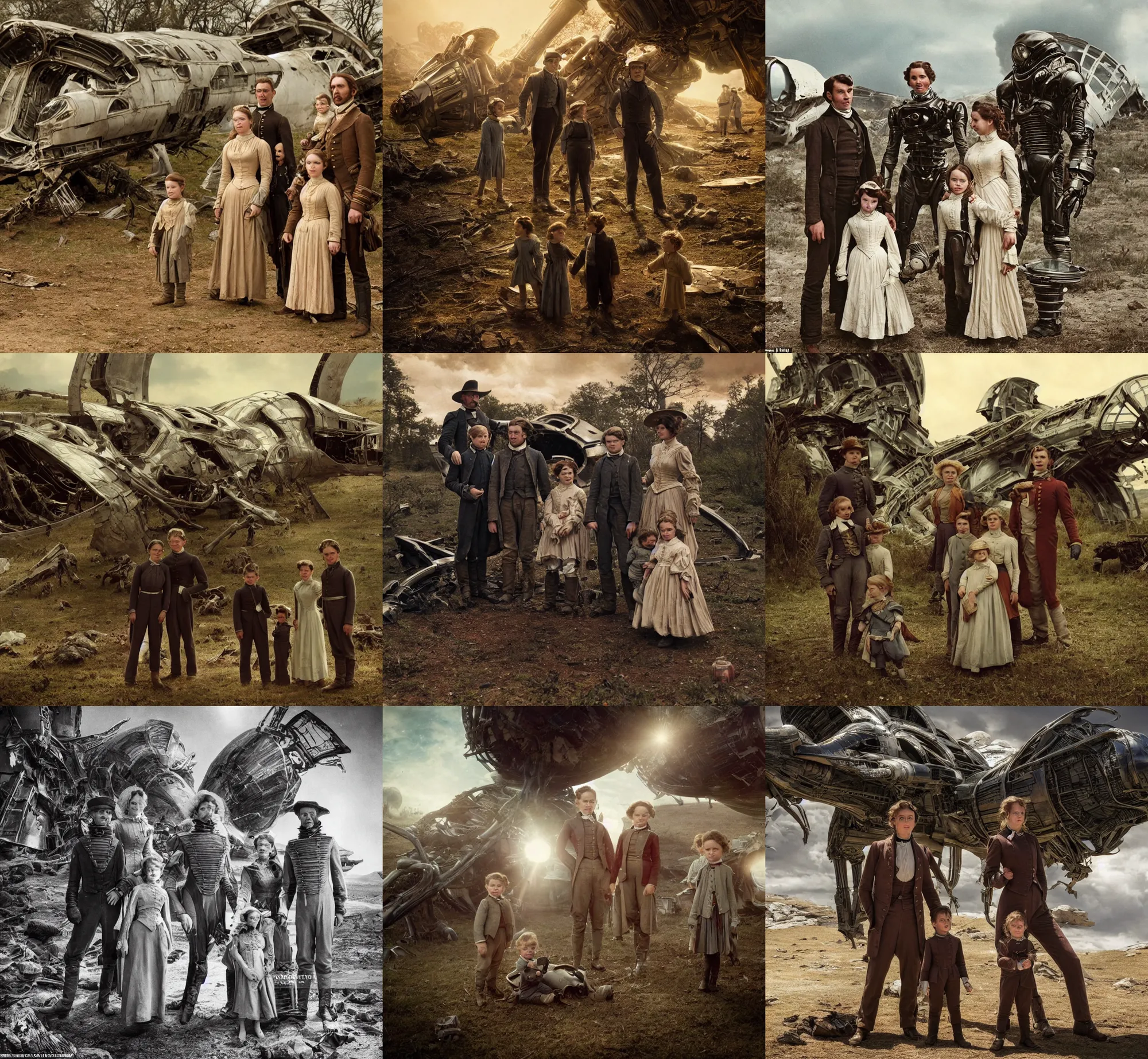Prompt: extra sharp, detailed, a blockbuster sci fi 8 k color movie frame, set in 1 8 6 0, family standing in front of a crashed spaceship, on alien planet, looking happy, wearing 1 8 5 0 s era clothes, atmospheric lighting, in focus, reflective eyes, 3 5 mm macro lens, live action, nice composition, good photography, clear facial details