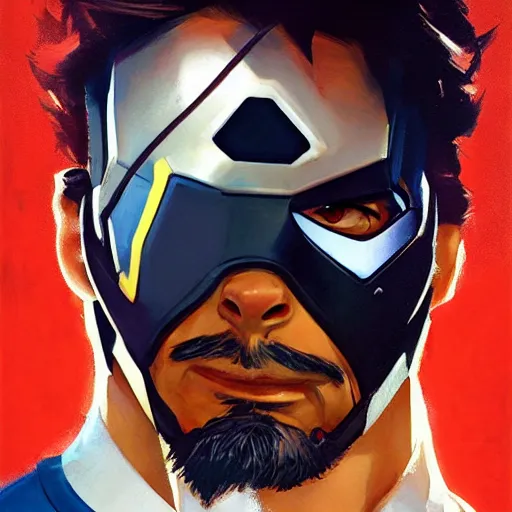 Image similar to greg manchess portrait painting of tony stark as overwatch character, totally whack, medium shot, asymmetrical, profile picture, organic painting, sunny day, matte painting, bold shapes, hard edges, street art, trending on artstation, by huang guangjian and gil elvgren and sachin teng