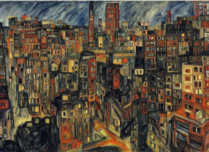 Image similar to a San-Francisco cityscape, houses, trees and hell in style of Chaim Soutine, Egon Schiele city drawings and Frank Auerbach and Bosch