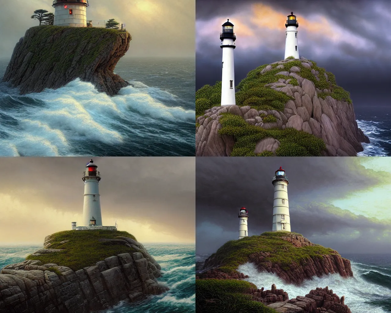 Prompt: stormy seas bash the rocks atop which sits a massive art deco minas tirith lighthouse, pine forest, by Renato Muccillo, Andreas Rocha, James Gurney, Angus McBride, Larry Elmore, Thomas Kinkade, matte painting, featured in artstation, octane render, cinematic, elegant, intricate, 8k