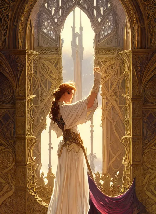 Image similar to panorama of camelot, d & d, fantasy, intricate, elegant, highly detailed, digital painting, artstation, concept art, smooth, sharp focus, illustration, art by artgerm and greg rutkowski and alphonse mucha