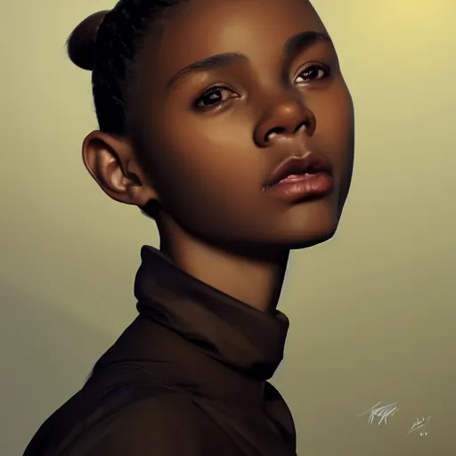 Prompt: a photorealistic hyperrealistic, bright brown eyes, light skinned african young girl, ponytail hair, flawless face, beautiful eyes, cute face, black turtle neck shirt, by wlop, artgerm, greg rutwoski, alphonse mucha, beautiful dynamic dramatic low - light moody lighting, cinematic atmosphere, artstation, concept design art, octane render, 8 k