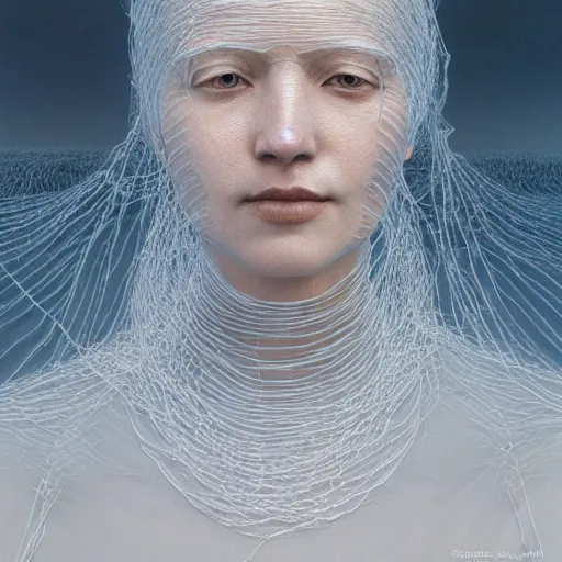 Image similar to Woman portrait, ice crystal wires everywhere, flat background, by Edgar Maxence and Ross Tran, Zdzisław Beksiński, and Michael Whelan, distant, gustav dore, H.R. Giger, 8k, octane render