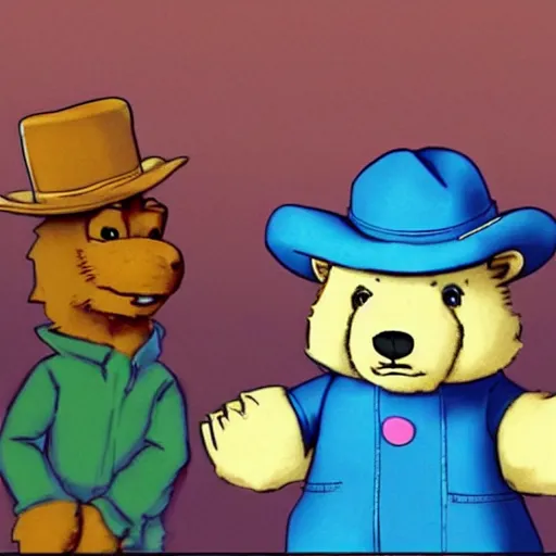 Image similar to “ freddy fazbear and paddington meet in londom in 1 9 8 7. ”