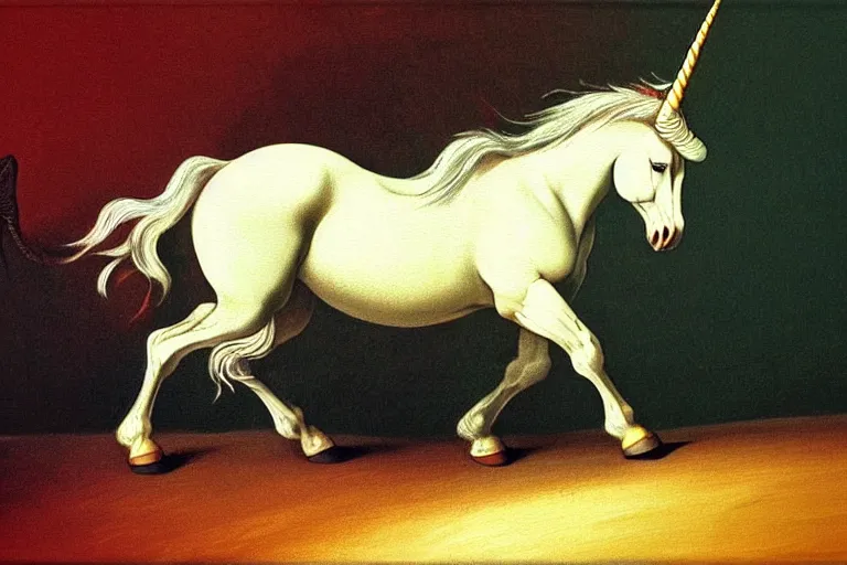 Image similar to detailed traditional painting of a unicorn walking on a solid rainbow, ((rainbow)) by Caravaggio, authentic, masterpiece, brush strokes, trending on artstation