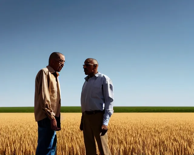 Image similar to extreme long shot of walter white and gustavo fring stand facing each other from a distance in a wheat field, low angle, side view, 8 5 mm photograph, 8 k resolution, wide shot, sharp lens