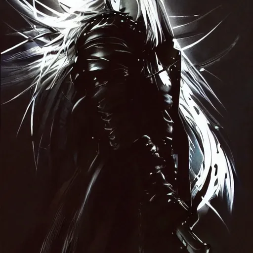 Prompt: a painting of sephiroth by yoji shinkawa, metal gear solid artwork, strong lines and bold colors, limited color palette, atmosphere and tension, japanese, trending on artstation