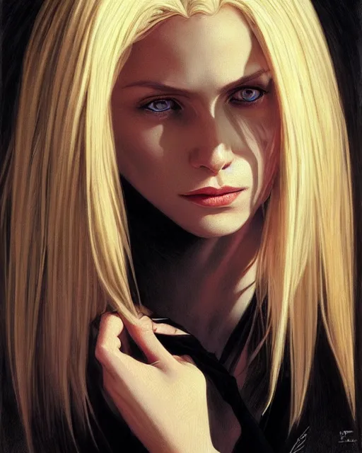 Image similar to portrait of a blonde vampire, dark, piercing eyes, gentle expression, elegant clothing, photorealistic, highly detailed, artstation, smooth, sharp focus, art by michael whelan, artgerm, greg rutkowski and alphonse mucha