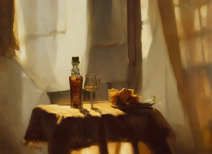 Image similar to oil painting of whiskey bottle, barley grain, art by anders zorn, wonderful masterpiece by greg rutkowski, beautiful cinematic light, backlit, window cast shadows, american romanticism by greg manchess, creation by tyler edlin, folds of fabric, tablecloth