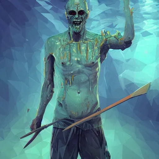 Prompt: low poly painting by greg rutkowski of a drowned zombie holding a trident with glowing cyan eyes, wearing ragged clothing, holding a trident, underwater, pastel green and blue color palette