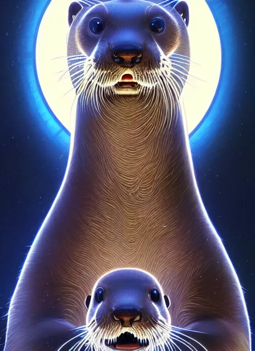 Image similar to symmetry!! portrait of a river otter, sci - fi, tech wear, glowing lights!! intricate, elegant, highly detailed, digital painting, artstation, concept art, smooth, sharp focus, illustration, art by artgerm and greg rutkowski and alphonse mucha