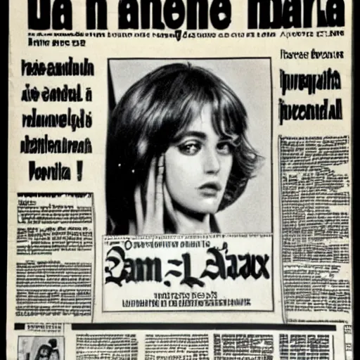 Prompt: front page of a French newspaper from 1977 with large headline declaring: Un scandale ! accompanied by a large photograph of brunette young beautiful fashionable slender pop star Daphne LaCroix covering her face from the flash of paparazzi bulbs