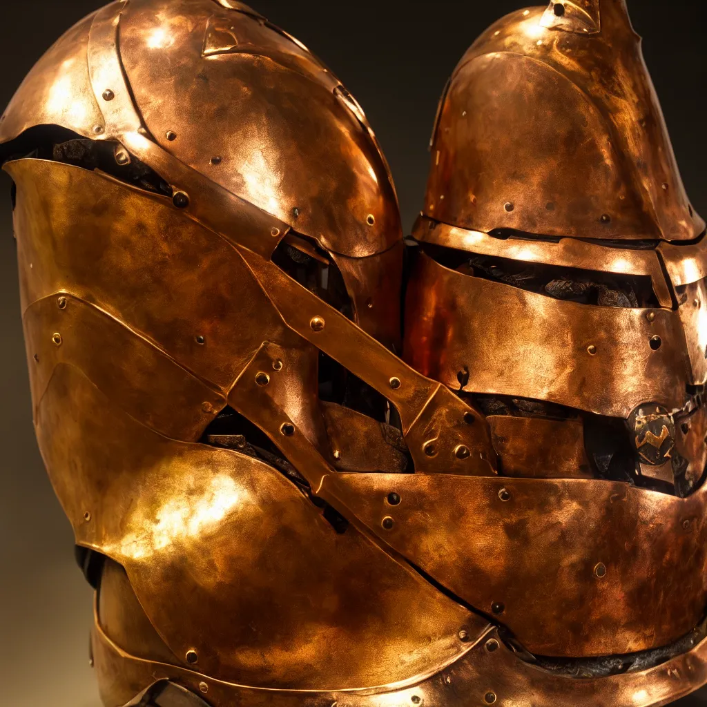 Image similar to a presentation photo of a duel knight's helmet that is made of copper and gold, beautiful ornated details