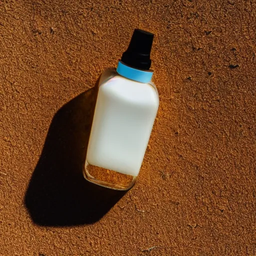 Image similar to perfume bottle sitting on a small mountain of golden desert sand, close up shot, upfront, with blue sky and clouds in the background, softly - lit, soft - warm, zen, light, modern minimalist f 2 0 clean