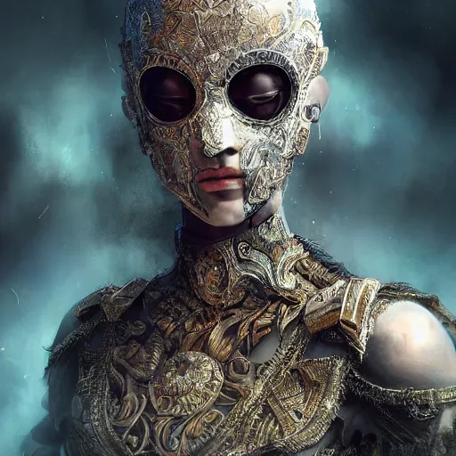 Image similar to Very very very very highly detailed epic photo of face with venetian mask, intricate, dystopian, sci-fi, extremely detailed, digital painting, artstation, concept art, smooth, sharp focus, illustration, intimidating lighting, incredible art by Artgerm