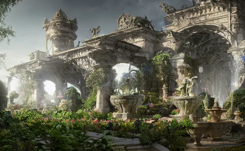 Image similar to A beautiful garden, next to a fountain and a mystical palace, hyperrealistic mixed media, stunning 3d render inspired art by P. Craig Russell and Barry Windsor-Smith + perfect facial symmetry + dim volumetric lighting, 8k octane beautifully detailed render, post-processing, extremely hyperdetailed, intricate futuristic mechanic parts, epic composition, grim yet sparkling atmosphere, cinematic lighting + masterpiece, trending on artstation