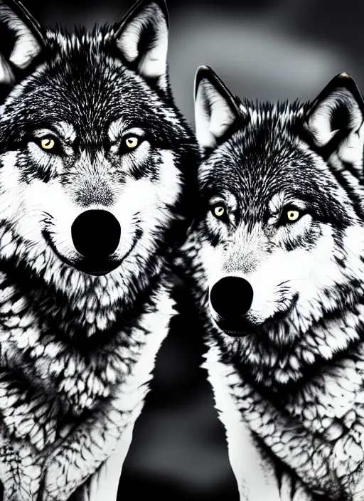 Image similar to two wolves black and white portrait white sky in background