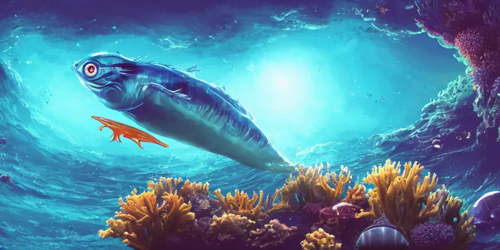 Prompt: photo of an extremely cute alien fish swimming an alien habitable underwater planet, coral reefs, dream-like atmosphere, water, plants, peaceful, serenity, calm ocean, tansparent water, reefs, fish, coral, inner peace, awareness, silence, nature, evolution, wide angle, super highly detailed, professional digital painting, artstation, concept art, smooth, sharp focus, no blur, no dof, extreme illustration, Unreal Engine 5, Photorealism, HD quality, 8k resolution, cinema 4d, 3D, beautiful, cinematic, art by artgerm and greg rutkowski and alphonse mucha and loish and WLOP