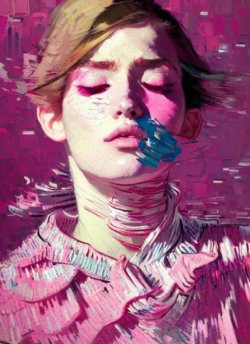 Image similar to portrait of a beautiful girl, haute couture, eyes closed, open mouth, shades of pink, beautiful face, rule of thirds, intricate outfit, spotlight, by greg rutkowski, by jeremy mann, by francoise nielly, by van gogh, digital painting