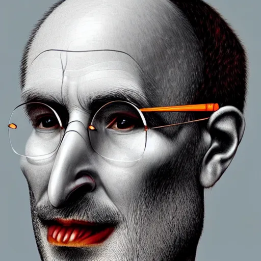 Image similar to apples arranged in the shape of a face resembling steve jobs, fantasy, intricate, elegant, highly detailed, lifelike, photorealistic, digital painting, artstation, illustration, smooth, sharp focus, art by giuseppe arcimboldo