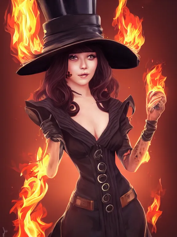 Prompt: full portrait of a dark fantasy female pyromancer, skintight dress, top hat, finesse, key visual, realistic shaded perfect face, fire, fine details, forest background, smooth, highly detailed, digital illustration, by artgerm, rossdraws, frank franzzeta