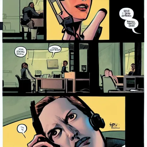 Prompt: in the style of Rafael Albuquerque comic art, about Jennifer Lawrence's new career as a telemarketer.