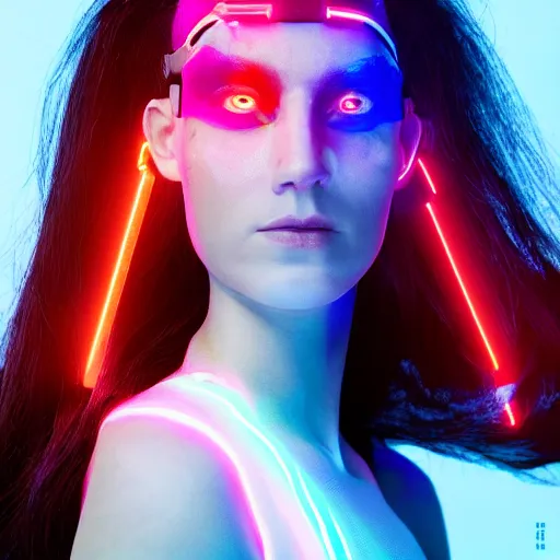 Prompt: a portrait of a female cyborg, fashion, streak lights, ligjt trail, color gel, photogtaphy, canon r 5, glowing, white background, 3 d render, unreal engine, white body suit, futuristic