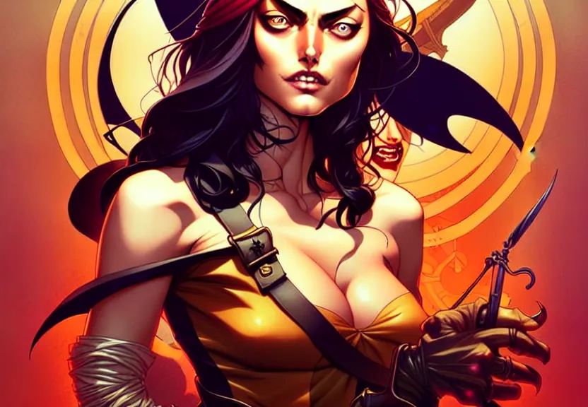 Image similar to artgerm, joshua middleton comic cover art, pretty pirate phoebe tonkin smiling, full body, symmetrical eyes, symmetrical face, long curly black hair, on a pirate ship background, warm colors