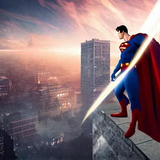 Image similar to a cinematic anime painting of superman stood on the roof of an abandoned cathedral, his face is lit by a strong beam of light shining in through a crack in the clouds, 8 k, movie still, wide angle