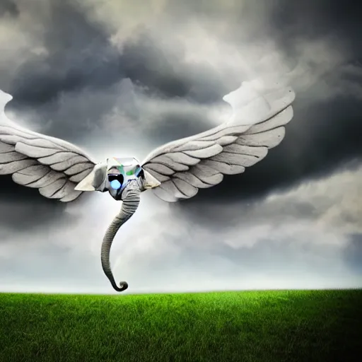 Prompt: elephant with angel wings flying through the clouds photo