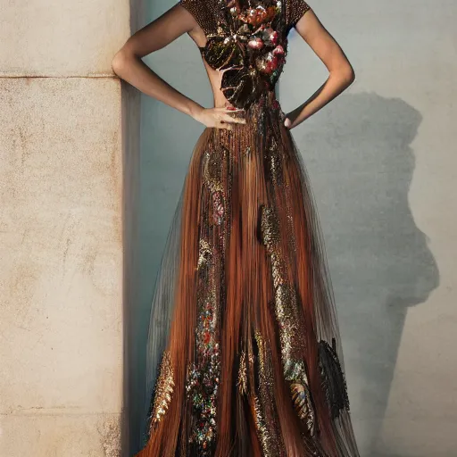 Image similar to exclusive evening dress made of bronze transparent fabric fantasy with colored flower petals made of fabric. intricate asymmetrical patterns. an elegant hat. hyperrealistic photos, clear details.