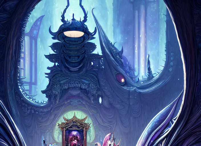 Prompt: a beautiful painting of a large warlock shrine shrouded by mystic nebula magic in an endless temple library by moebius and android jones, hollow knight, castlevainia, metroid, oil on canvas sharp, details, hyper - detailed, hd, hdr, 4 k, 8 k