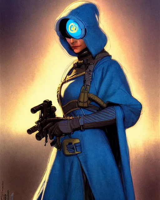 Image similar to ana from overwatch, eye patch, white hair, hooded blue cloak, character portrait, portrait, close up, concept art, intricate details, highly detailed, vintage sci - fi poster, in the style of chris foss, rodger dean, moebius, michael whelan, and gustave dore