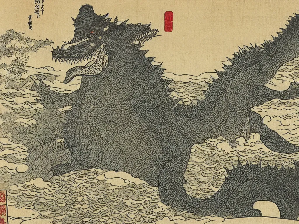 Prompt: edo period japanese woodcut of godzilla emerging from the ocean beside a peaceful fishing village