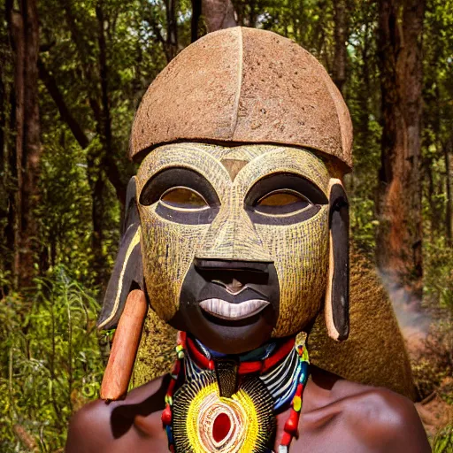 Prompt: dogon woman wearing traditional dogon tribal mask standing in a clearing in the deep forest, rays of the sun, caustics, realistic, photography, photojournalism, national geographic photoshoot, inner glow, shimmer, sparkle, smoke, dust