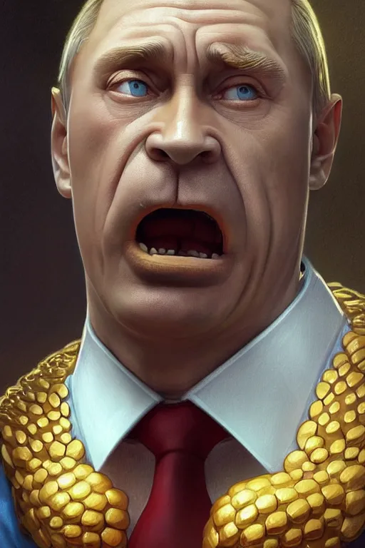 Image similar to vladimir putin as funny and stupid homer simpson, closeup, d & d, fantasy, intricate, elegant, highly detailed, digital painting, artstation, concept art, matte, sharp focus, illustration, hearthstone, art by artgerm and greg rutkowski and alphonse mucha