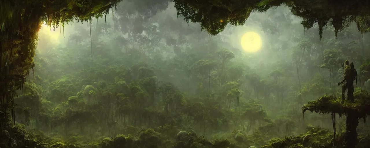 Prompt: ” outer planet with misty jungle, [ moist, wet, lush, cinematic, detailed, epic, widescreen, opening, establishing, mattepainting, photorealistic, realistic textures, octane render, art by paul lehr ] ”